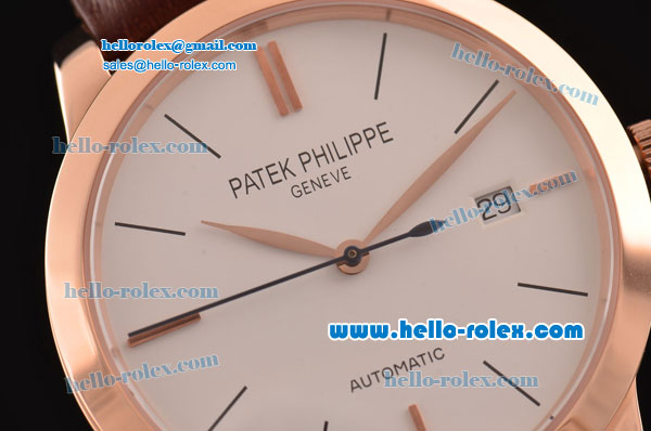 Patek Philippe Calatrava Swiss ETA 2824 Automatic Rose Gold Case with Brown Leather Strap White Dial Stick Markers - Click Image to Close